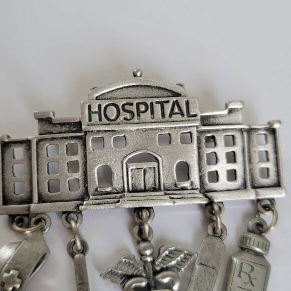 Vintage 80s Jonette Jewelry Hospital Nurse Brooch Lapel Pin Pewter Silver Charms - Picture 2 of 7